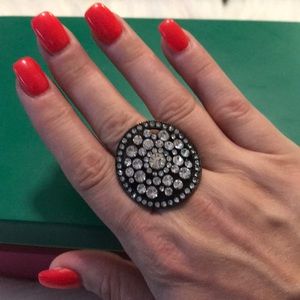 Circle Disc Rhinestone Bling Black Adjustable Ring